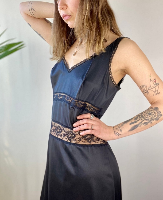 Vintage Noir Lace Satin Midi Slip from shoptheblackspring on Etsy